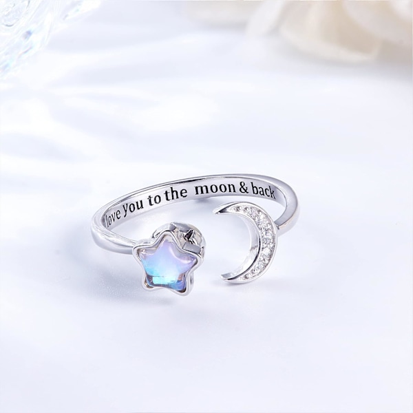 925 Sterling Silver Fidget Rings - Justerbar Moonstone och CZ Moon Star Spinner Ring