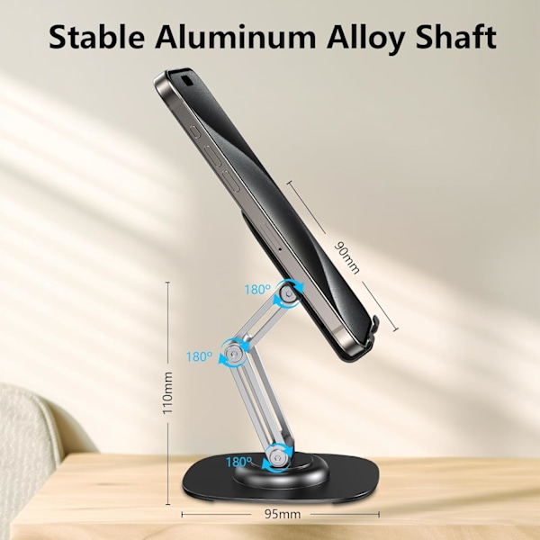 Mobiltelefonställ för Skrivbord, Aluminium Telefonhållare med 360 Roterande Metallbas, Vikbar & Portabel Skrivbords Telefonhållare Kompatibel med iPhone 16 15 1
