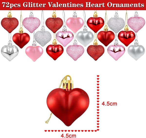 72 Valentins Hjerteformede Ornamenter - Valentins Hjertepynt - Røde, Lyserøde, Sølv Glitrende Hjerteformede Kugler - Romantisk Jul Valentinsdag