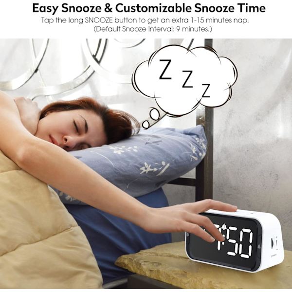 LED Digital Väggklocka för Sovrum Dubbel med Snooze för Tung Sovande Vuxna Barn med USB-port för Laddning 10~100dB Justerbar Volym Vit