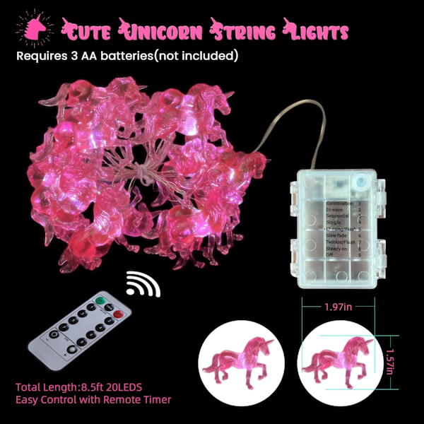 Enhjørning Gaver Pink String Lights Sød Værelse Dekoration Fe Lys Enhjørning Hest Udendørs Indendørs Batteridrevet String Lights med Fjernbetjening Pink