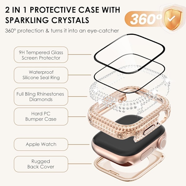 2-in-1 Vedenpitävä Bling Kotelo Apple Watch Series 10 42mm:lle, Näytönsuojakotelo, Timanttisuojakuori Apple Watch 10 42 mm Kristallitimanteilla