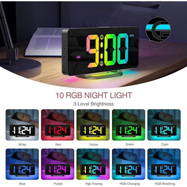 Digital väckarklocka för sovrum, ny version RGB väckarklocka, uppladdningsbar LED-bordsur med 10 RGB nattljus, snooze, 2 larm, justerbar