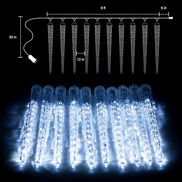 Juleistap lys udendørs, 12Ft meteorskur lys med 10 store istapper, snefald stjerneskud lyseffekt, faldende krystal cool