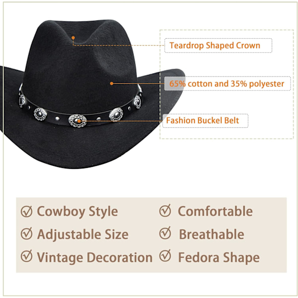 Damer Western Cowboy Cowgirl Hat Fedora Bred Brim Filt Hatte med Spænde Voksne