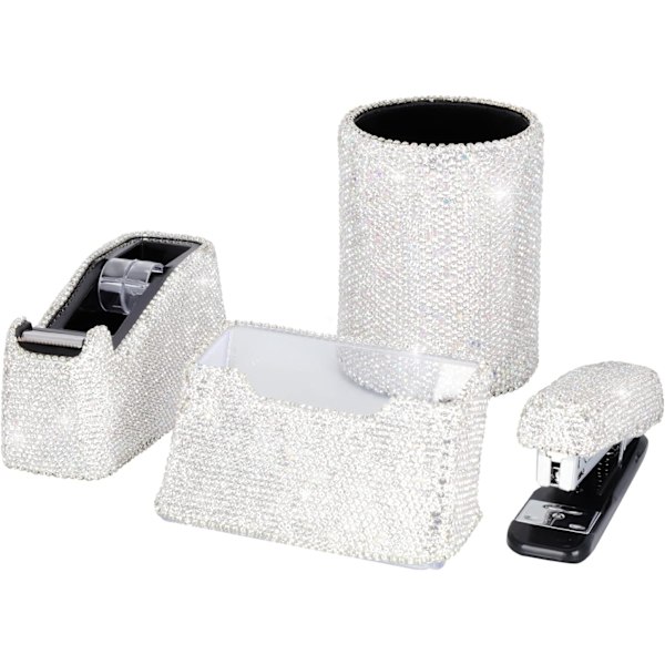 Bling Crystl Luxury  Dimond Round ncil n Pot Holder & Stpler & Crd Holder & Desktop T Disnser Office Sttionery Kit for Fshion White