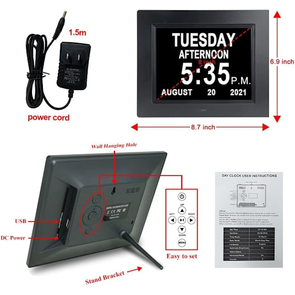 12 Alarms Stor Demens Klokke 8 tommer, Eldre Auto Dimming LED Digital Kalender Klokke med Dag Dato Tid for Soverom Stue og Vegg (Svart)