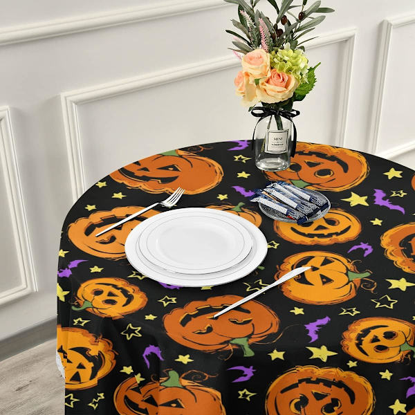 Halloween Græskar Lilla Flagermus Dugdug Lilla Efterår Orange Stjerner Rund Dugdug Circar Dugdug Klæde Klæder Vaskbar Polyester Bordløber til Pu