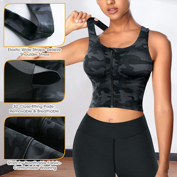 Kvinnors dragkedja framtill sport-bh långlinje fitness crop tops tank gym yoga träning