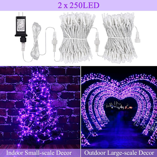 500 LED (250LEDx2) Lila Julbelysning, 163 FT Lila Ljusslingor Utomhus Vattentät, 8 Lägen Julbelysning Plug-in för Inomhus