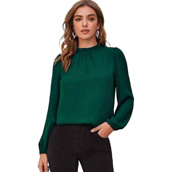 Elegant Mock Neck Bishop Långärmad Plisserad Blus Nyckelhålsrygg Enfärgad Topp
