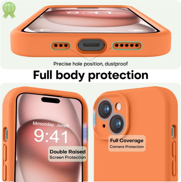 iPhone 15 glatt silikondeksel med full kamerabeskyttelse - Oransje
