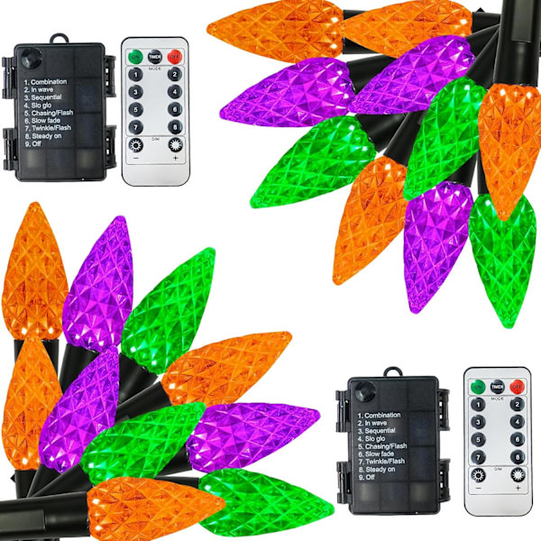 2 Pakke 200 LED C6 Halloween Lyslenker, 66FT Eventyrlys Batteridrevet med Fjernkontroll og Timer, Vanntett Oransje Lilla og Grønn