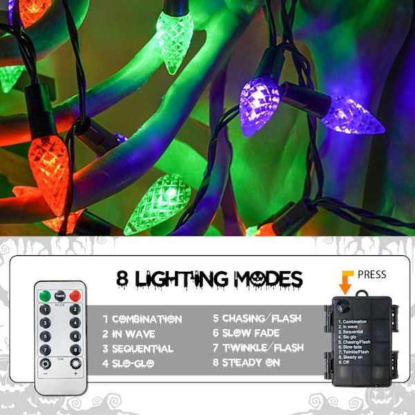 2 Pakke 200 LED C6 Halloween Lyslenker, 66FT Eventyrlys Batteridrevet med Fjernkontroll og Timer, Vanntett Oransje Lilla og Grønn