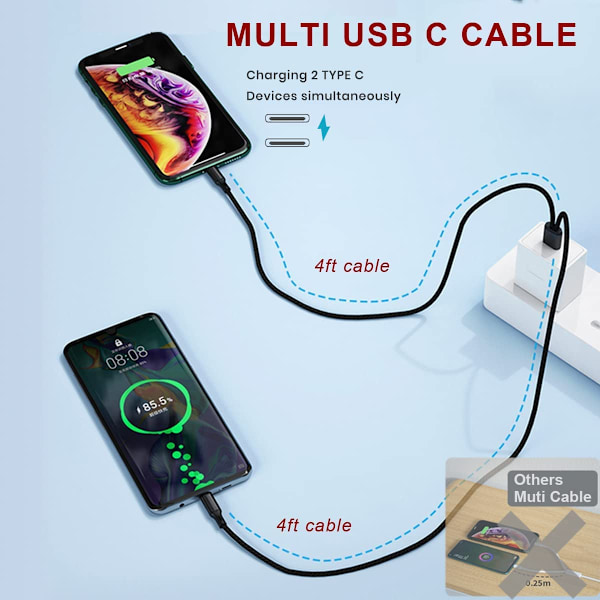 Dobbelt USB C multi-opladningskabel Dobbelt 4ft længdekabel Multi USB-kabel