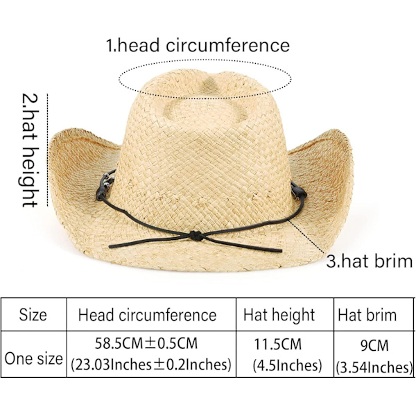 Flettet cowboyhatt i strå for menn og kvinner, western outback-hatt, formbar bred brem