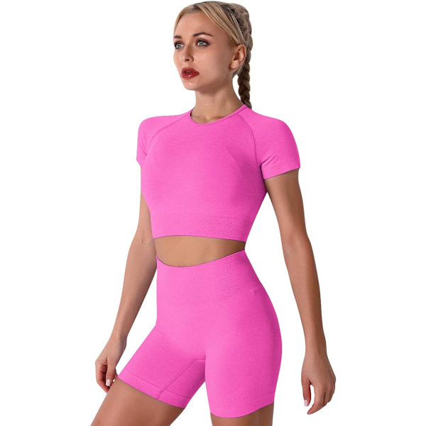 Kvinnors sömlösa yoga-kläder 2-delat träningsset med kortärmad crop top med hög midja