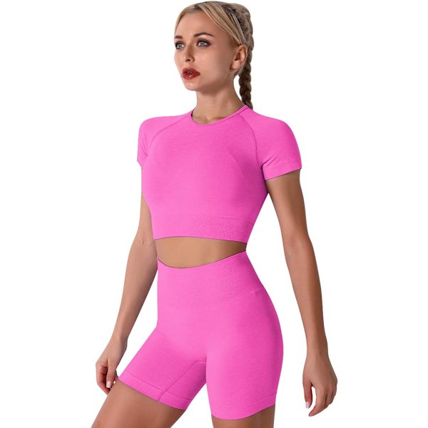 Women Seamless Yoga Outfits 2 Piece Workout Short Sleeve Crop Top with High