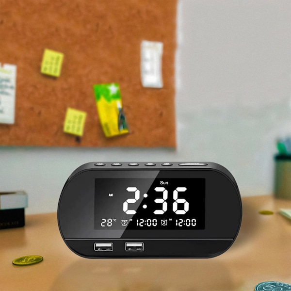 Superhög larmklocka för sovrum, denna digitala väckarklocka med FM-radio, 2 USB-laddare, 2 väckarklockslägen, termometer, Baery White