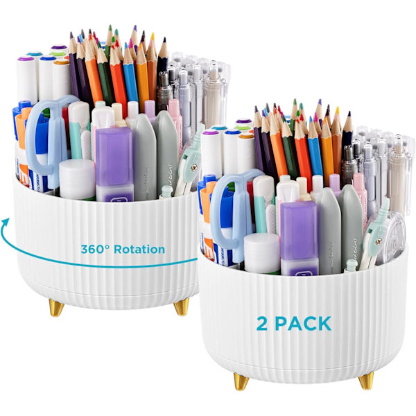 2 st pennhållare för skrivbord, 5 fack 30° roterande organisatörer och tillbehör, skrivbordsförvaring för kontorsmaterial söt pennkopp vit (2-pack)