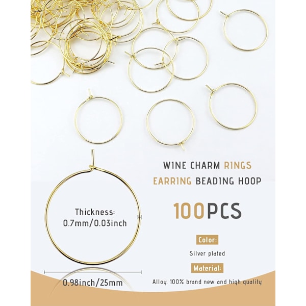 100 stk. Vinglas Charm Ringe - 25mm Forgyldte Ringe