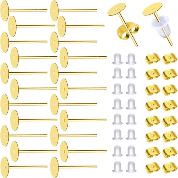 300 stk. Hypoallergene Guld Rustfrit Stål Ørestikker 5mm Flade Pude Blanks Pin Studs med Gennemsigtige Gummi Ørestikker Bagsider