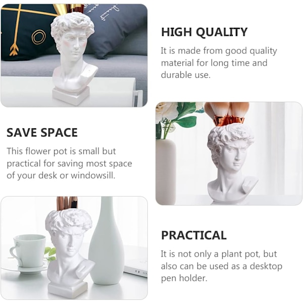 Skrivebordsdekorasjon Blyantholder Miniblomsterpotter David-skulptur i hvitt David-skulptur David- byste Statue Harpiksstasjonærholder Holder Harpiks Sminke Hvit