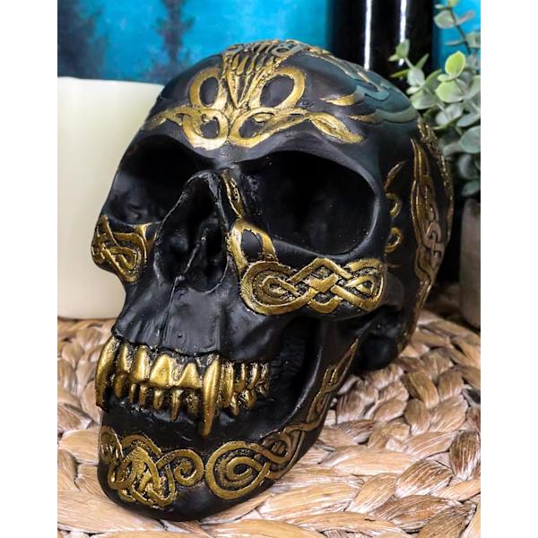 Ebros Keltisk Tribal Knotwork Tattoo Sort Spøgelse Vampyr Kranie Statue 7\" Lang Som Macabre Ossuary Dekoration Dracula Skelet Kranium til     Black & Day