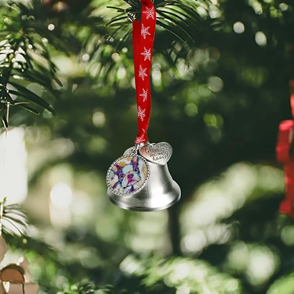 Boston Terrier Silver Bell Ornament Julgrans Klockor med Röd Snöre Metall Jul Hängande Dekorationer för Semesterfest Kärleksklocka Kärleksklocka