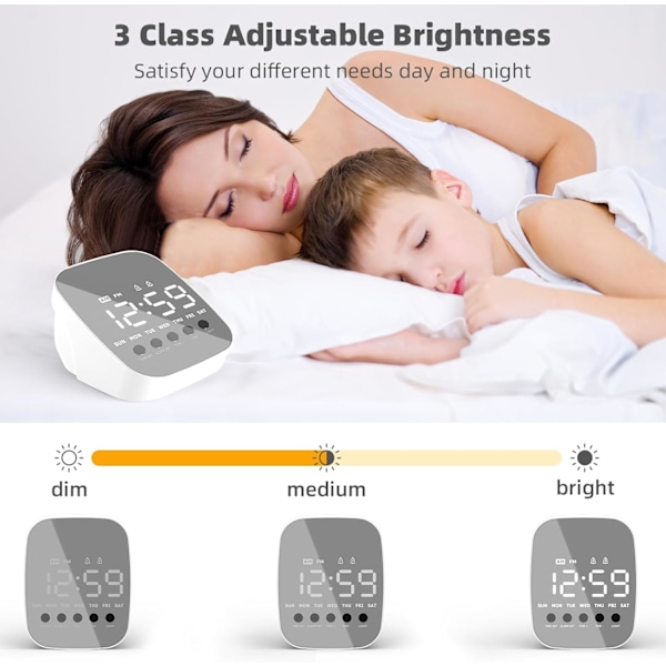 Väckarklocka, LED digital väckarklocka, 3 nivåer ljusstyrka, 2 larm, 12/24H, snooze, liten väckarklocka för sovrum, heminredning, kontor, resor