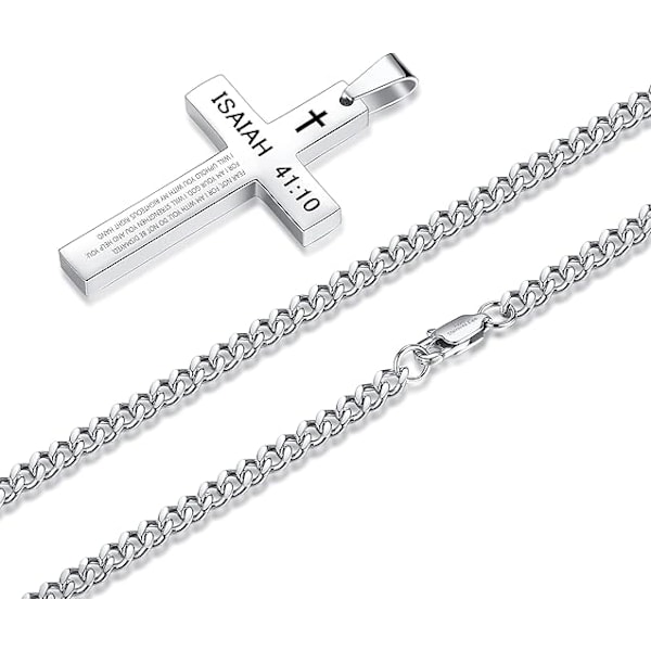 Halsband med kors i rostfritt stål för män - 50-60 cm Curb-kedja med bibelvers - Svarta/silverfärgade trosmycken present till honom