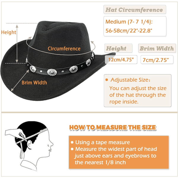 Svart Cowboy Cowgirl Hat for Kvinner Menn Western Style Bred Brede Brede Filt Fedora