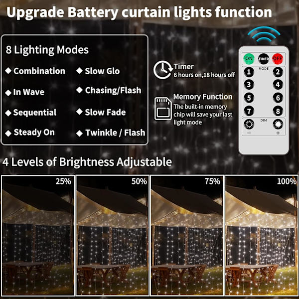 Uppgraderade 300LED gardinlampor batteridrivna utomhus vattentäta, 10ftx10ft Twinkle hängande vattenfallslampor med fjärrkontroll, 8 lägen vitt