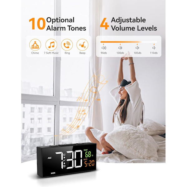 Digital väckarklocka med datum, temperatur och veckodag, manuell sommartid, snooze, 2 larm, 4 volymer, sängbordsur för vardagsrum