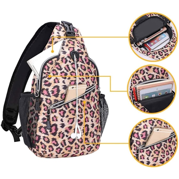 Sling Ryggsekk. Reise Tursdagsekk Leopard Print Tau Krossveske