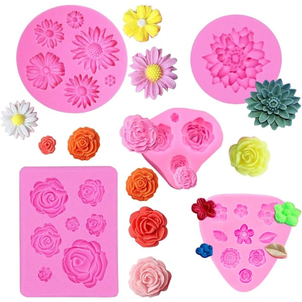 Silikoneforme til blomster til fondant - 5 stk 3D-forme til blomsterglasur