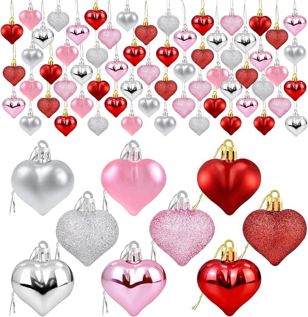 72 Valentins Hjerteformede Ornamenter - Valentins Hjertepynt - Røde, Lyserøde, Sølv Glitrende Hjerteformede Kugler - Romantisk Jul Valentinsdag