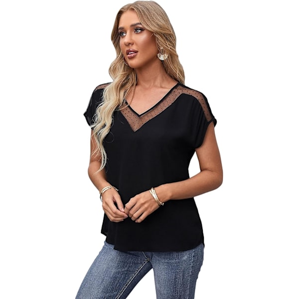 Kvinners Polka Dots Kontrast Mesh Flaggermus Korte Ermer Skjorte Bluse Topp
