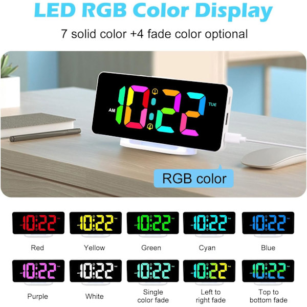 RGB Digital väckarklocka för sovrum med färgskiftande nattlampor, dubbla larm med snooze, dimmer, justerbar larmvolym, dubbla USB och