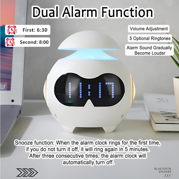 2024 Present Alarmklocka med Dubbla Alarm Söt Känslor, Bluetooth-högtalare, Sängbords LED Nattlampa, Digital Alarmklocka för Sovrum-USB-driven,