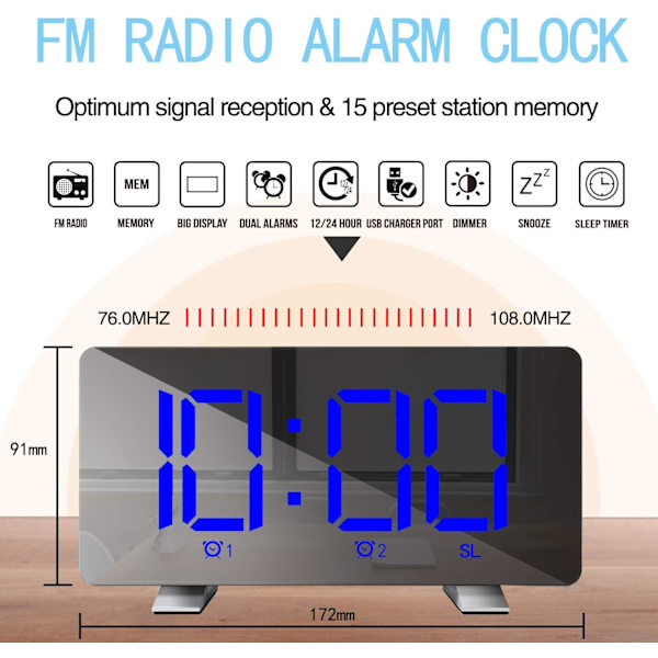Digital väckarklocka med radio (76,0 MHz-8,0 MHz) 2 larminställningar USB-port för laddning 4 justerbar ljusstyrka Snooze digital klocka för barn Blå