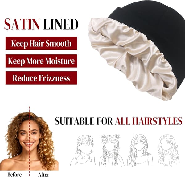 wxsp 2-pack Dam Satinfodrad Mössa Hatt Sidenfoder Vintermössor Mössor för Kvinnor Mjuk Slouchy Mössa Skull Cap Svart+svart One