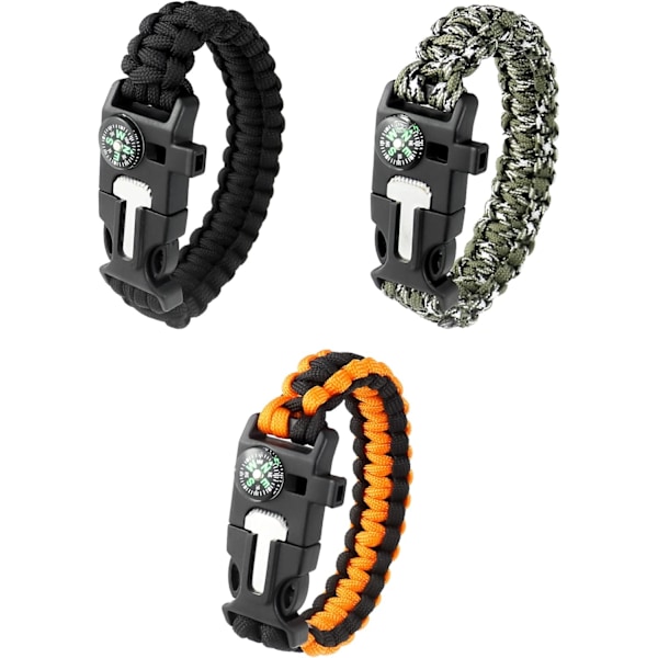 Överlevnadsarmband - Utomhusutrustning med kompass, flinta, visselpipa (3-pack)