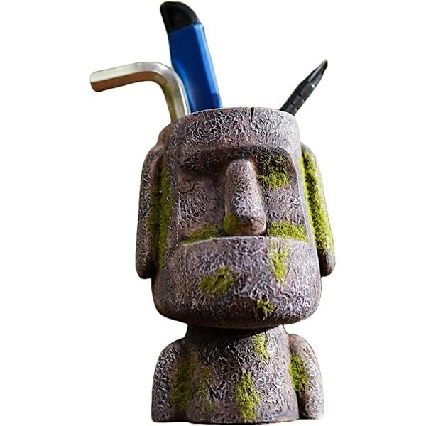 Ester Islnd Hed Sttue n Holder for Desk, Resin Moi Sttue ncil Pot Mkeup Brush Holder Desktop Orgnizer Home Office Desk Decortions