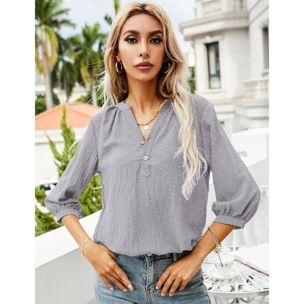 Kvinners Casual 3/4 Ermet Henley V-Hals Knapp Opp Plissert Rygg Bluser Sveitsisk