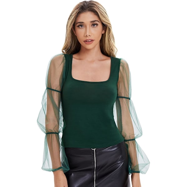 Dam elegant mesh puff ärm slim fit fest sommar crop blus toppar