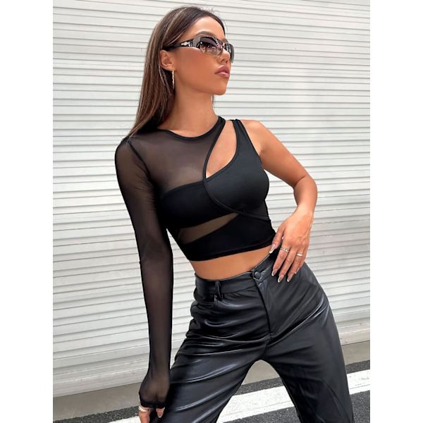 Kvinde Udskåret Langærmet Rund Hals Crop Top Slim