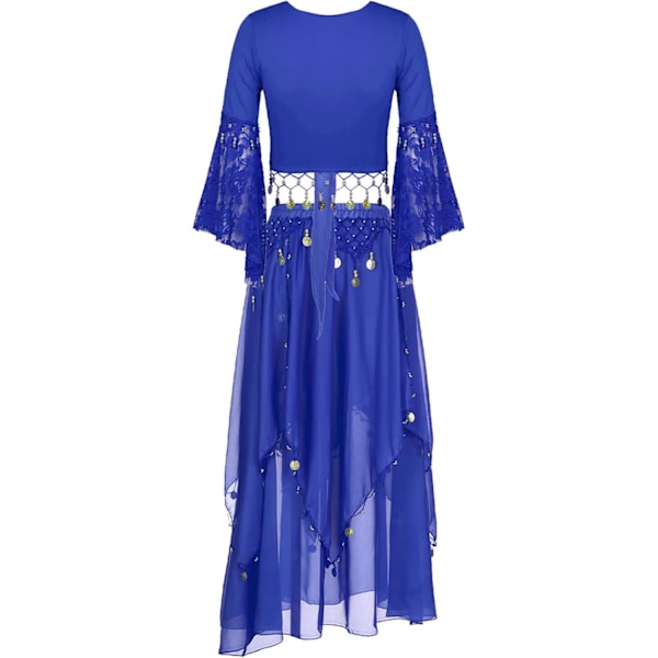 Kvinnors magdanskläder magdans spets 3/4 Flare Sleeve Crop Top med mynt chiffong danskjol set #01royalblue X-Large #01royalblue X-Large