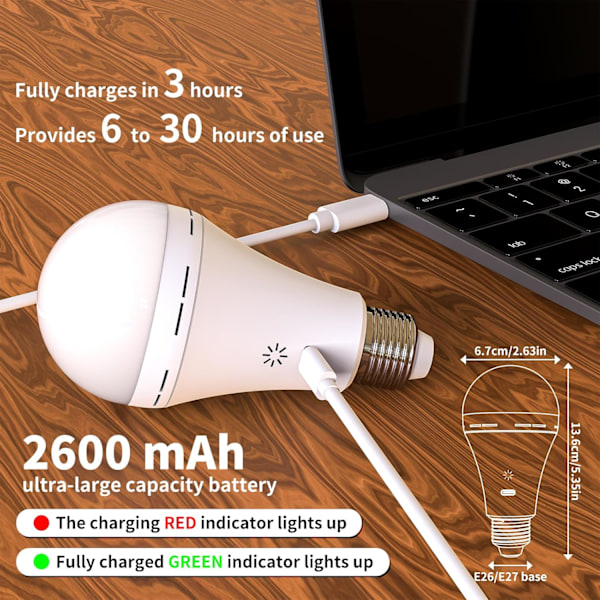 Uppladdningsbara LED-lampor - 7W E27 med fjärrkontroll & Touch-dimmer | Nödljus för Camping (Varmvitt) 2-pack