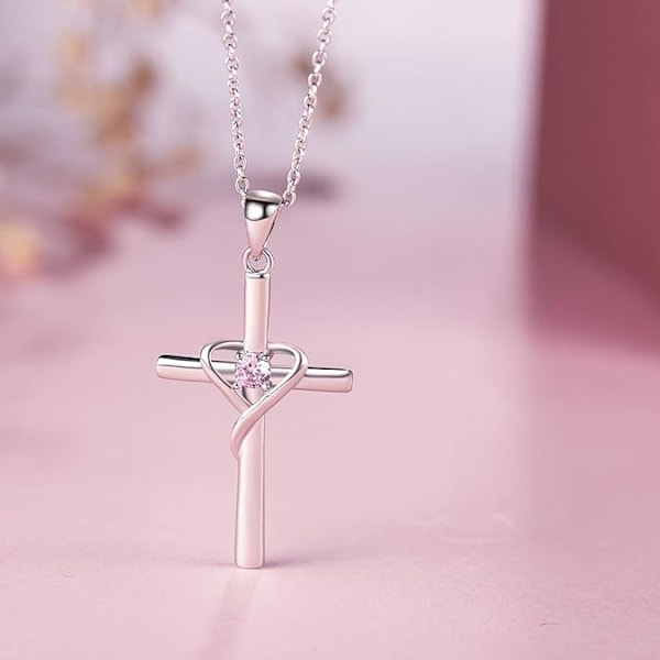 Oktober Fødselssten Kors Halskæde - 925 Sølv med 5A Cubic Zirconia Turmalin og 14K Gul/Rose Guld - Pink Safir Unisex Smykker